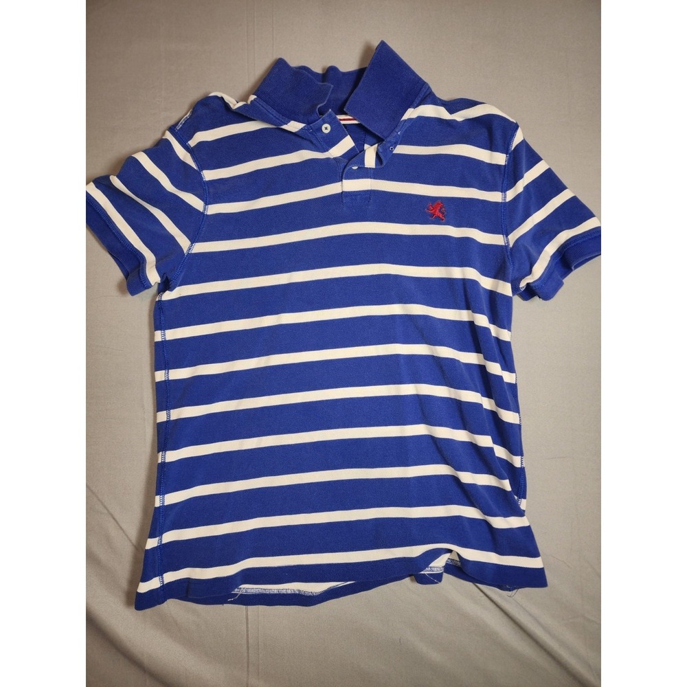 Express Polo Shirt Mens Medium Blue White Striped Lion Logo Casual Preppy